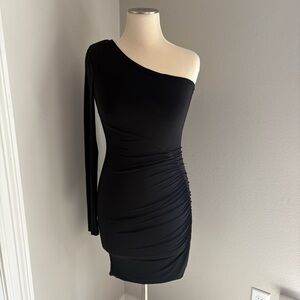 Fashion Nova black stretchy one shoulder long sleeve dress size small GUC